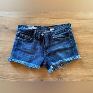Red Engine Dark Blue Frayed Jean Shorts